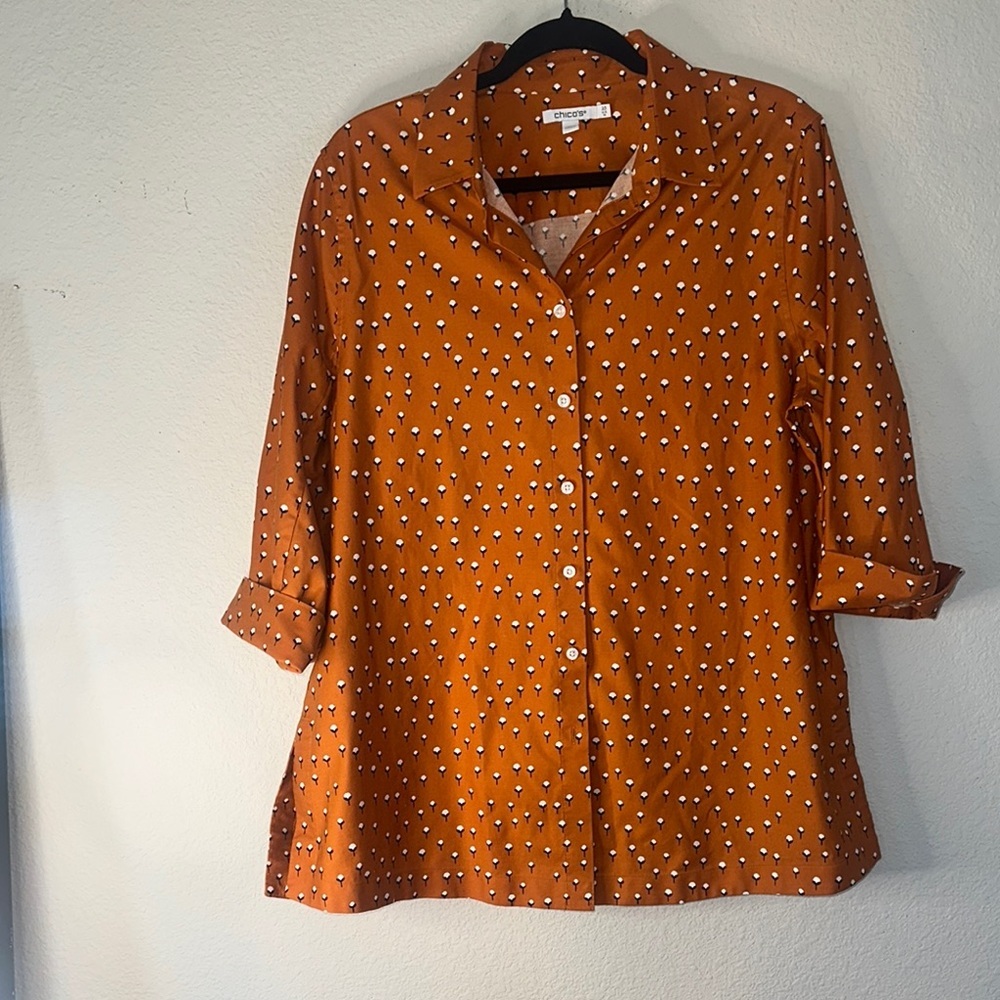 Chico's Orange Cuffed Sleeve Button Down Shirt